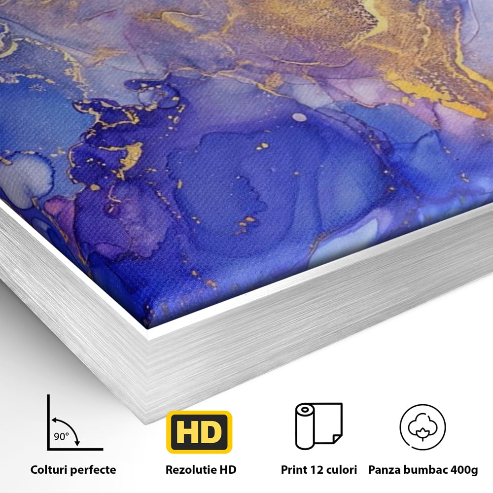 Detaliu al suprafetei: pictura abstracta cu efect de marmura, in rama de aluminiu argintiu